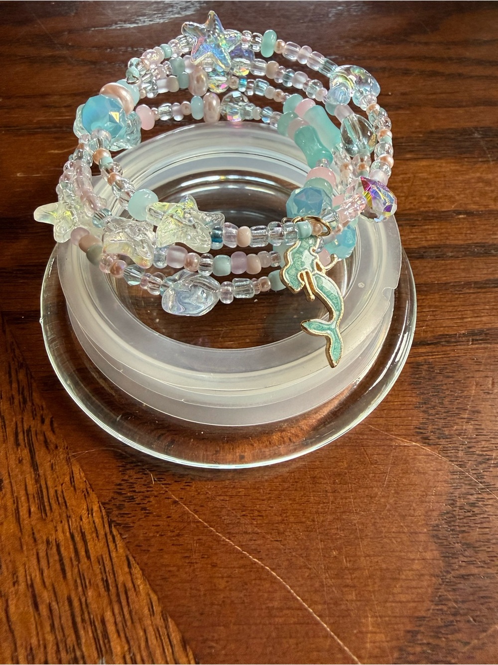 Mermaid Charm Beaded Coil Bracelet - Pastel Aqua & Pink